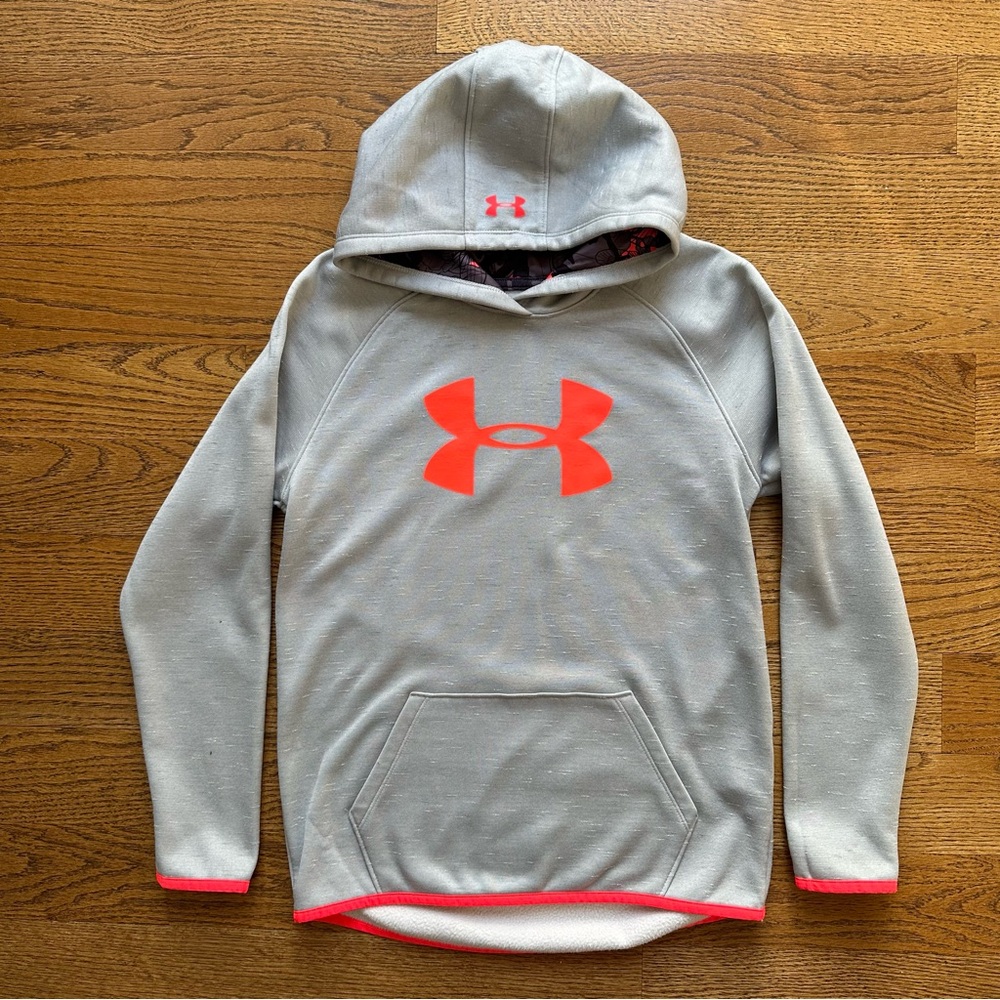 Under Armour Kids Hoodie Sweatshirt Size L Gray with orange logo and hem piping